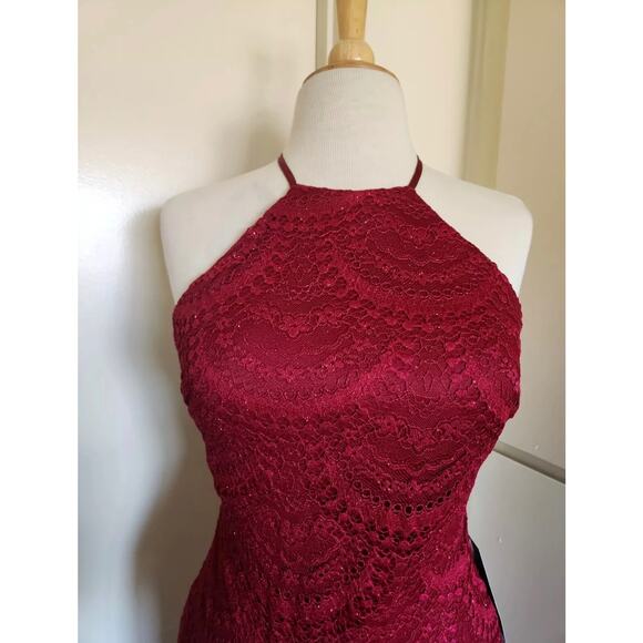 MSRP $168 NWT My Michelle Merlot Mermaid Lace Glitter Halter Back Gown, Size 3 - Picture 6 of 7